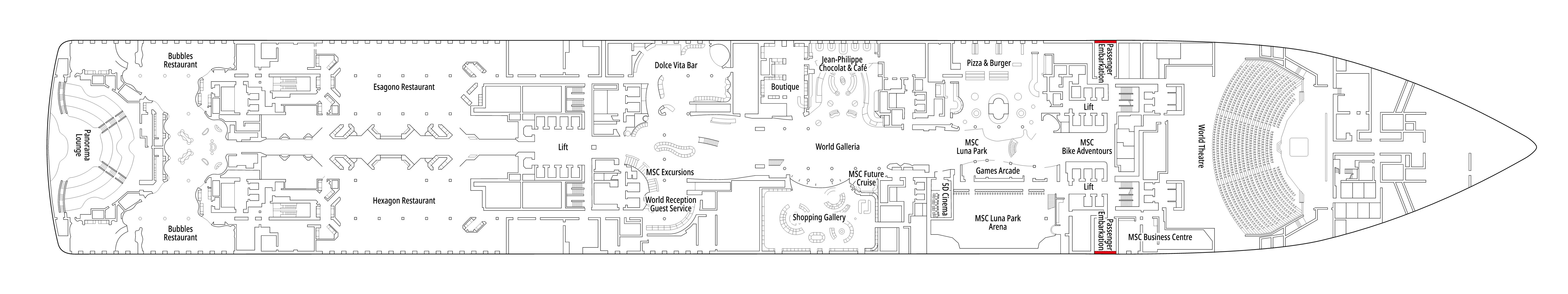 MSC World Europa, Deck 6: official cabin and venue layout