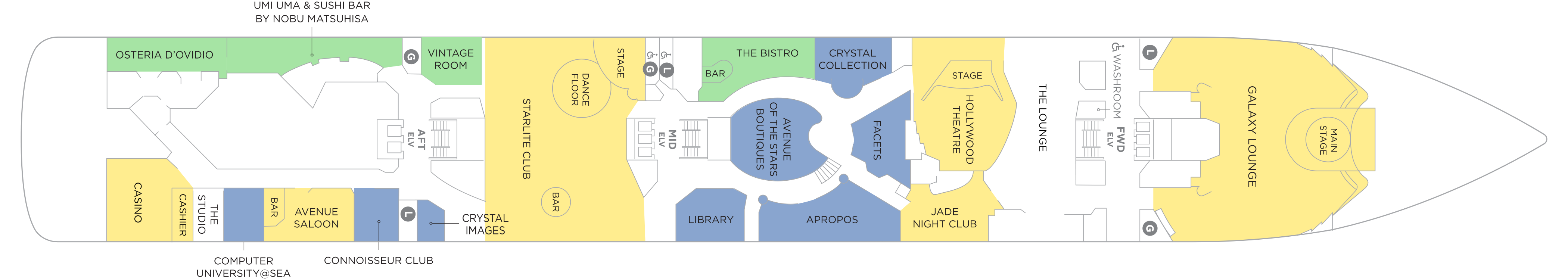 Crystal Symphony, Deck 6: official cabin and venue layout