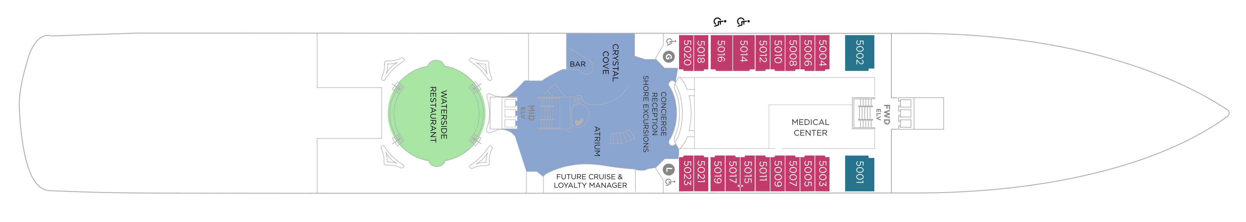 Crystal Symphony, Deck 5: official cabin and venue layout