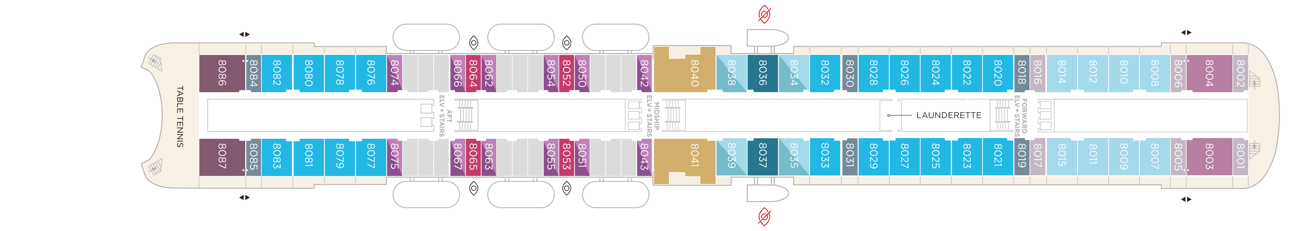 Crystal Symphony, Deck 8: official cabin and venue layout