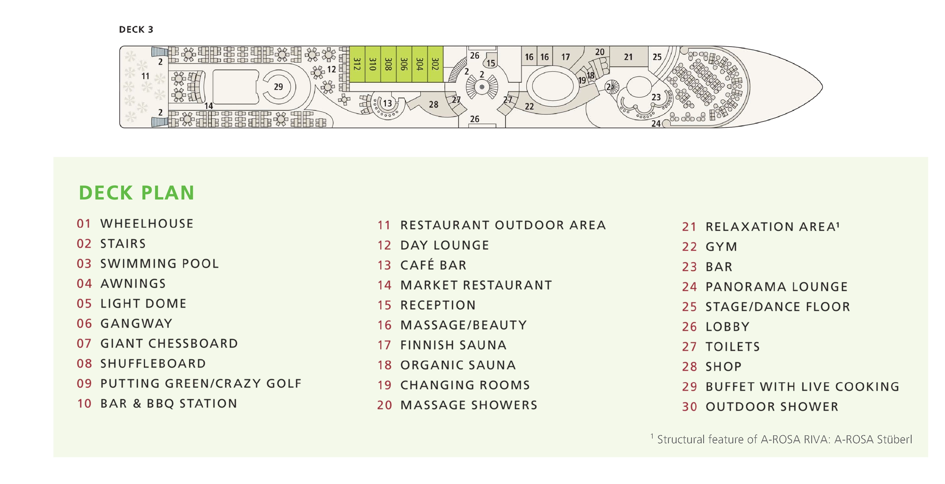 A-ROSA Riva, Deck 3: official cabin and venue layout