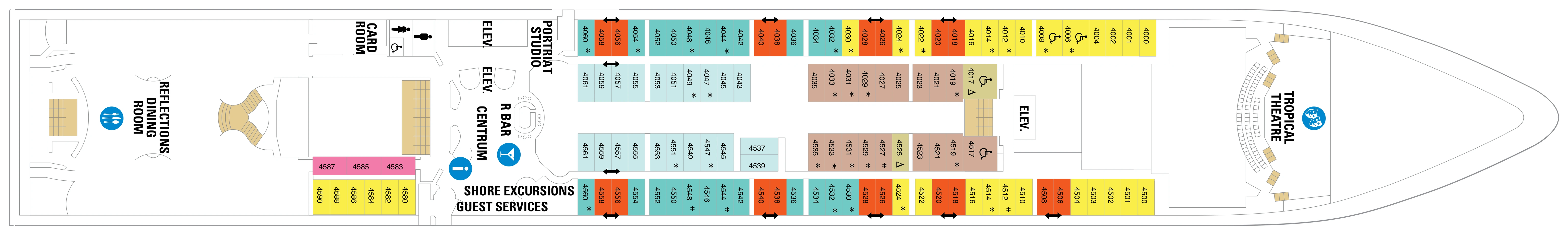 Serenade of the Seas, Deck 4: official cabin and venue layout
