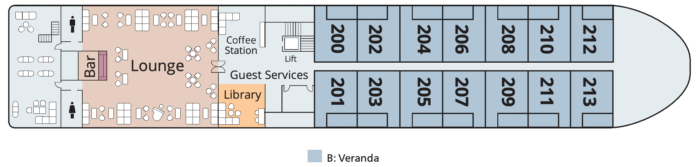 Viking Ganges, Deck 2: official cabin and venue layout