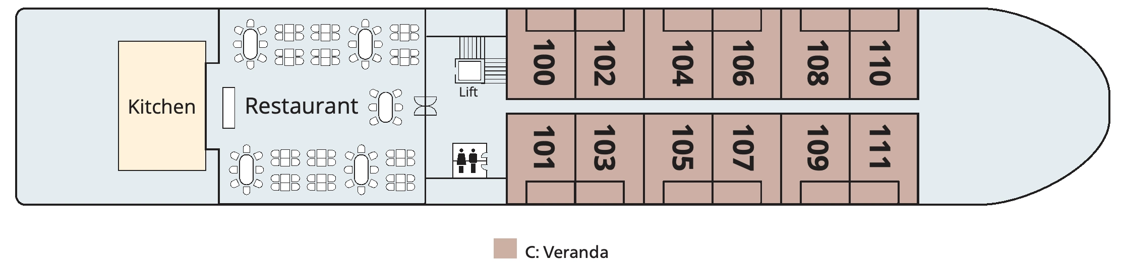 Viking Ganges, Deck 1: official cabin and venue layout