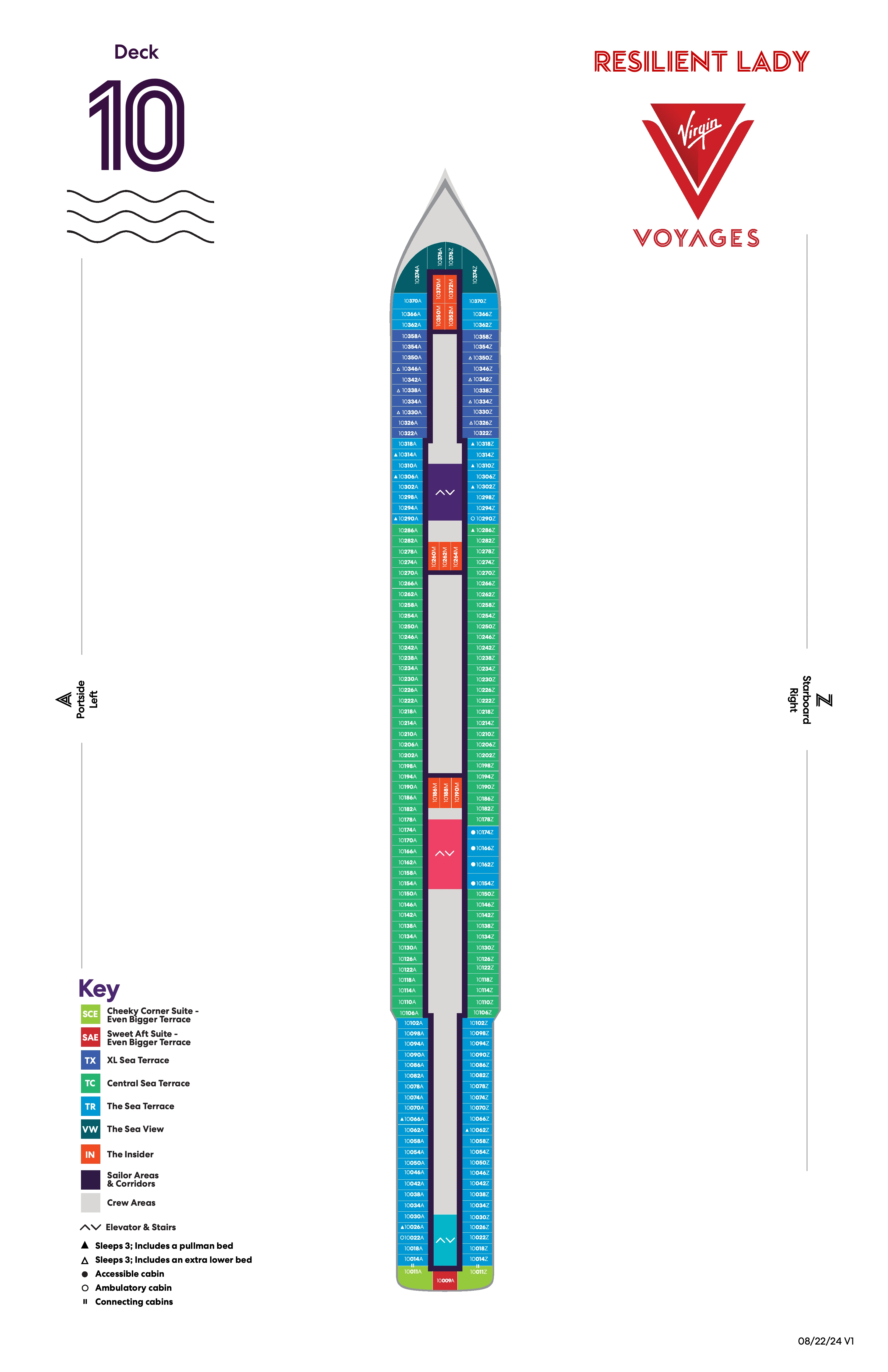 Resilient Lady, Deck 10: official cabin and venue layout