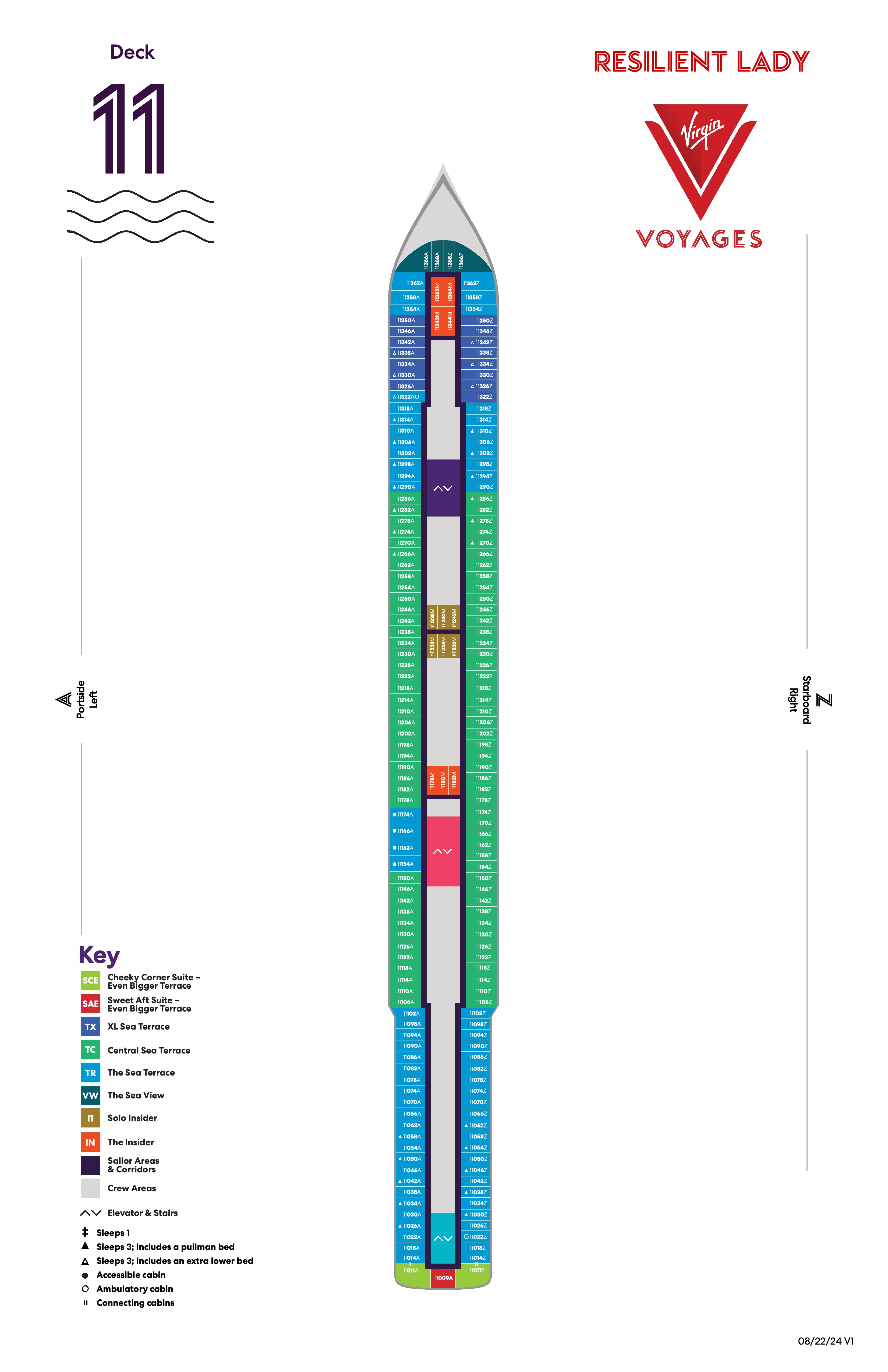 Resilient Lady, Deck 11: official cabin and venue layout