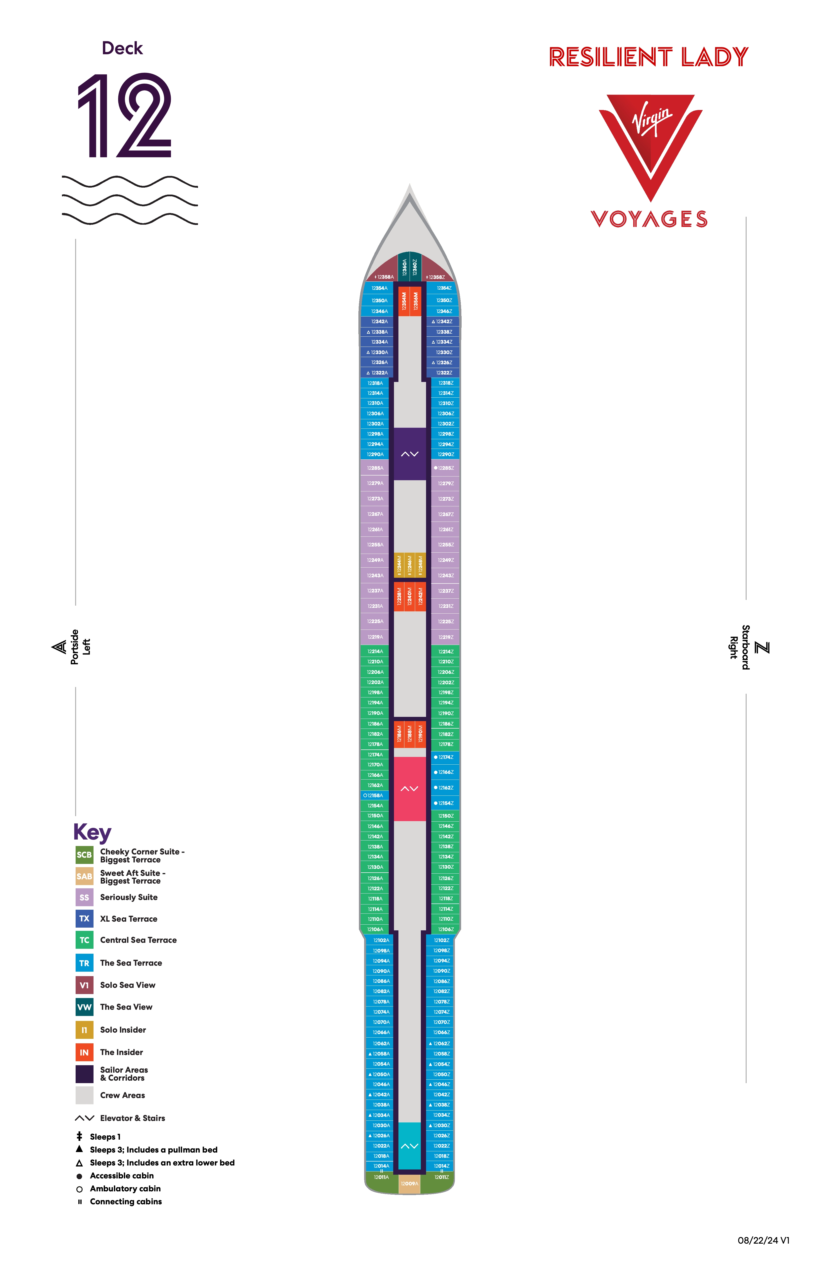Resilient Lady, Deck 12: official cabin and venue layout