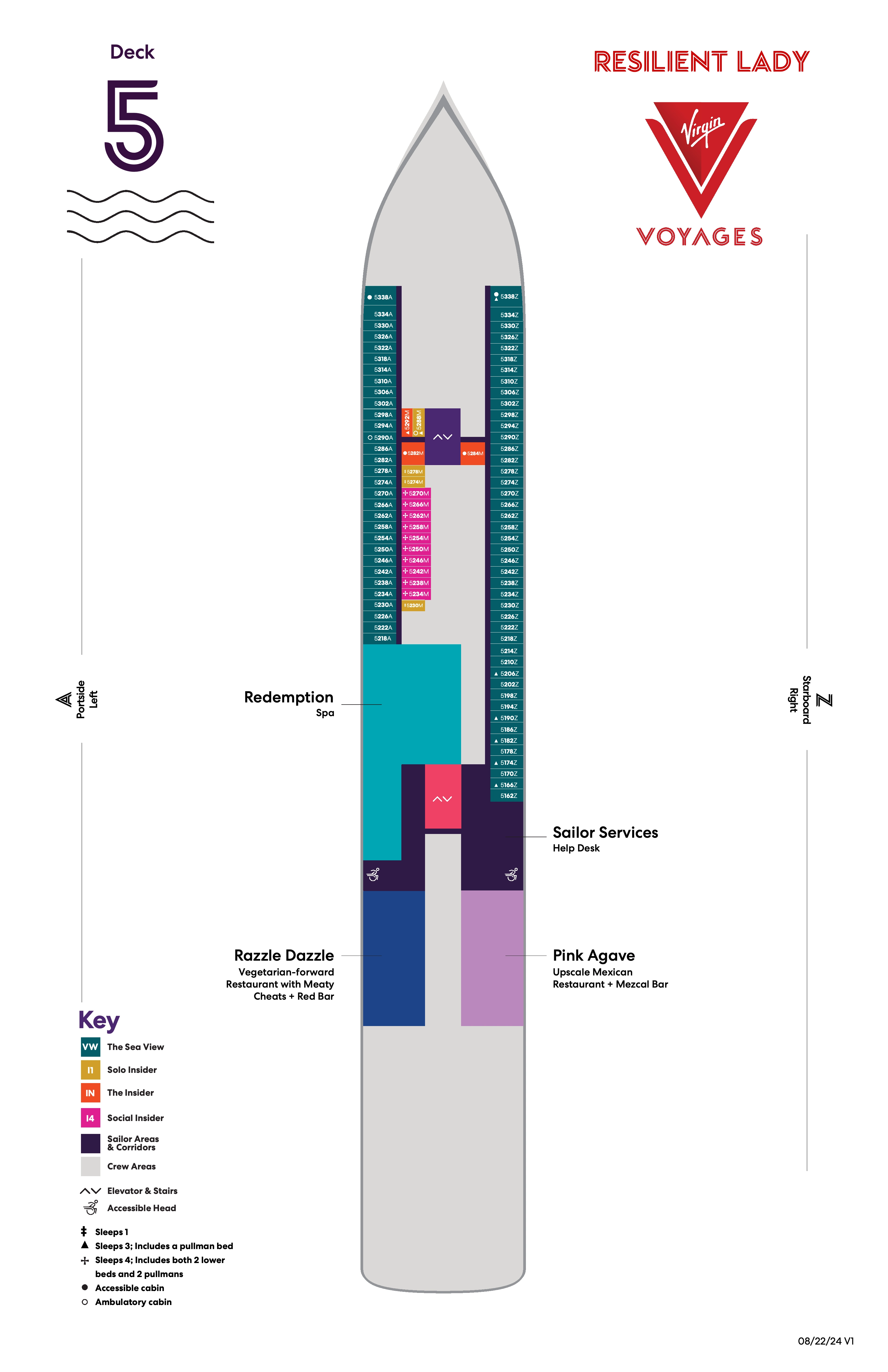 Resilient Lady, Deck 5: official cabin and venue layout