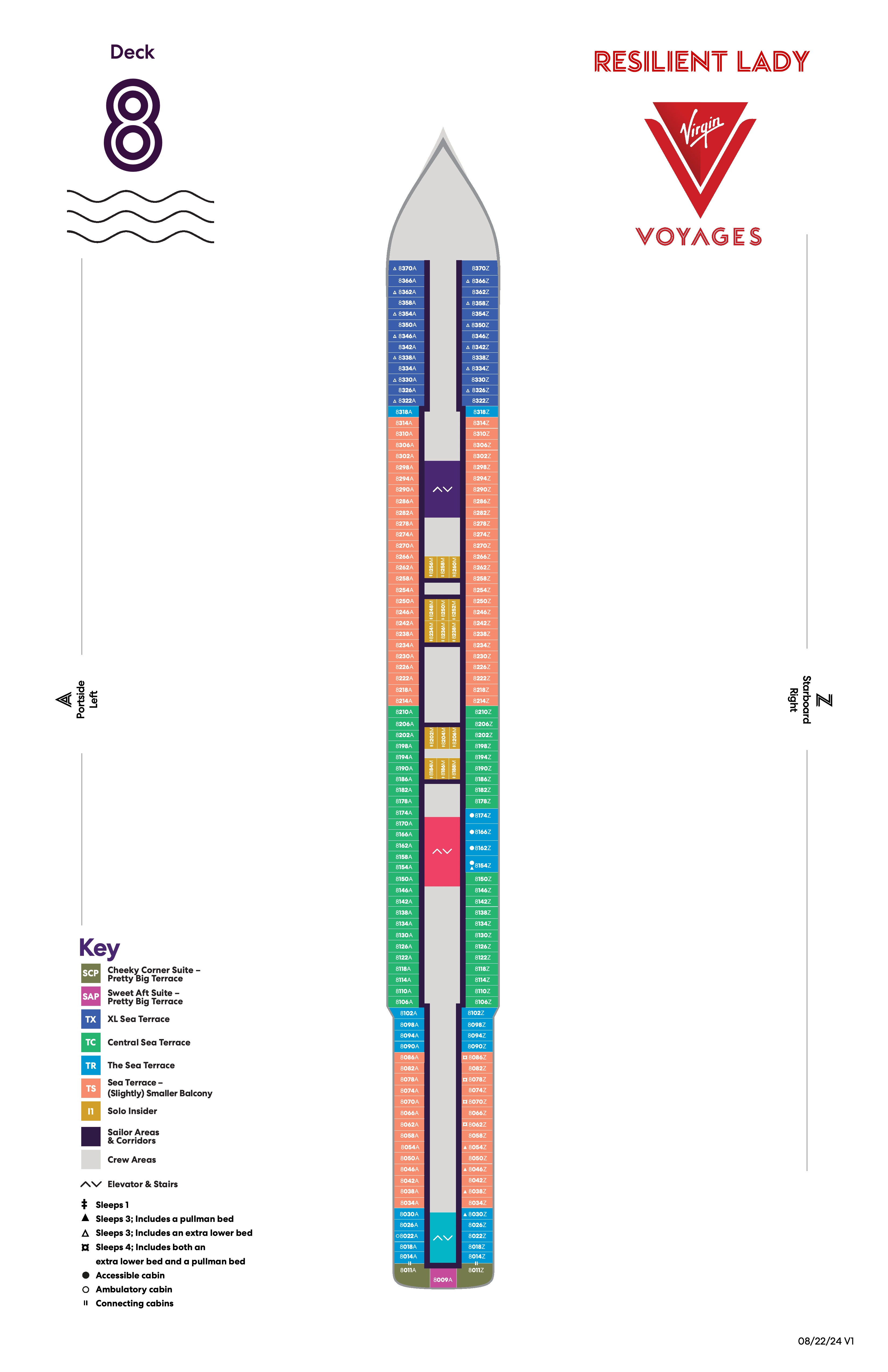 Resilient Lady, Deck 8: official cabin and venue layout