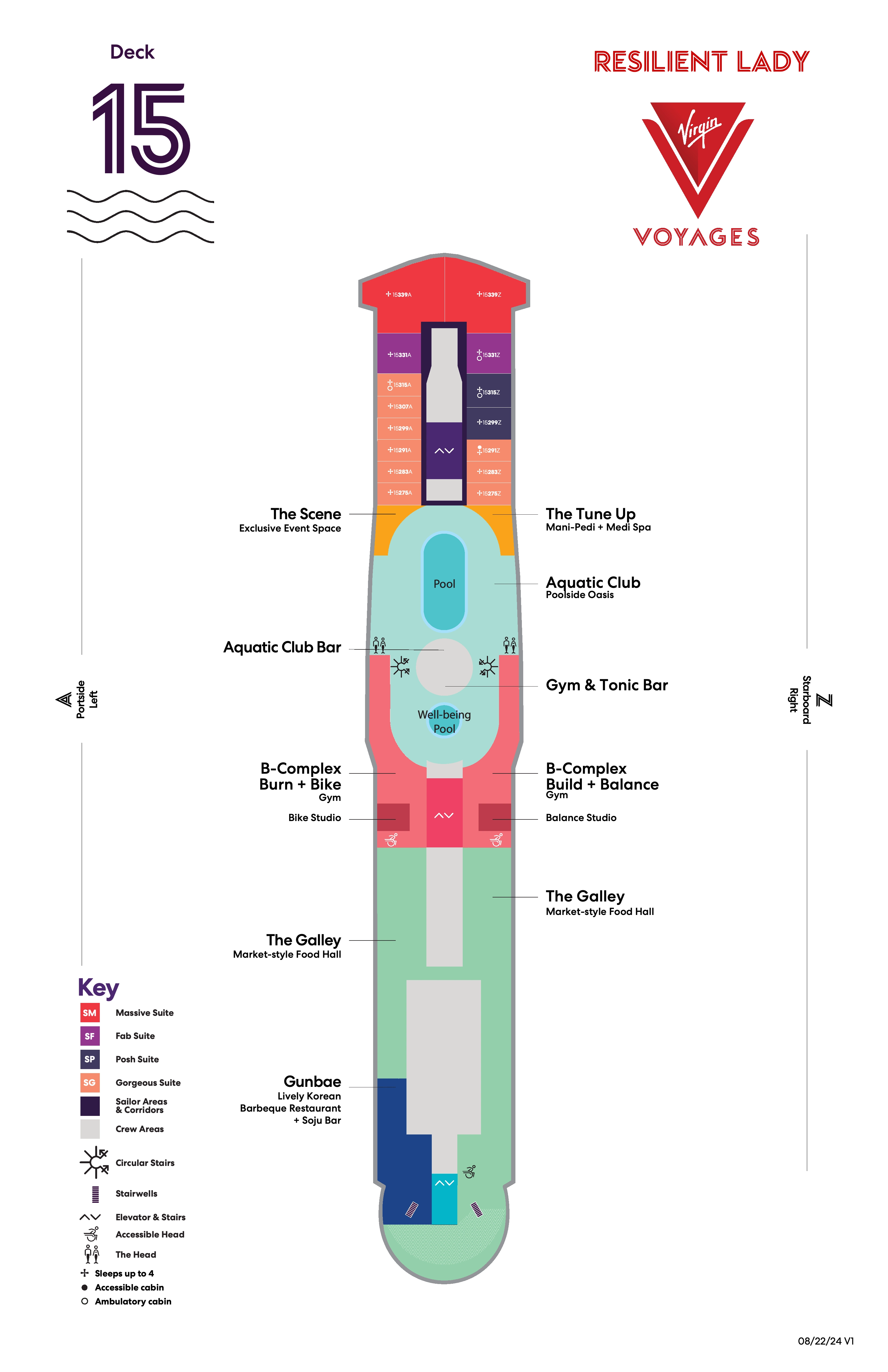 Resilient Lady, Deck 15: official cabin and venue layout