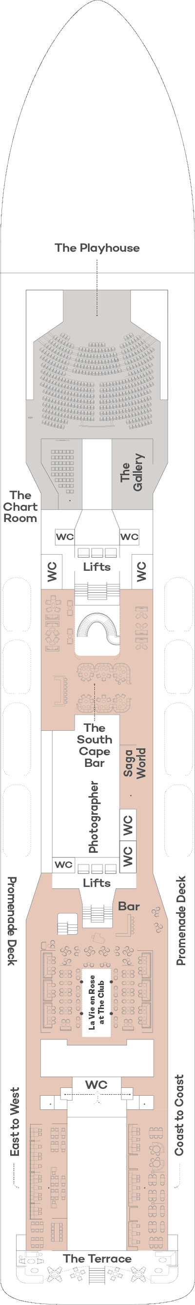 Spirit of Discovery, Deck 6: official cabin and venue layout