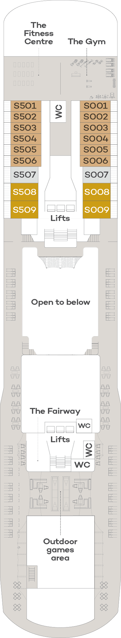 Spirit of Discovery, Deck 13: official cabin and venue layout