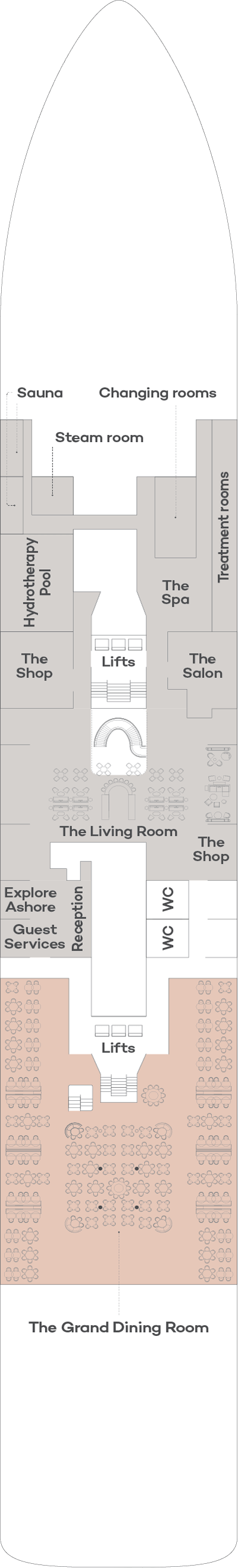Spirit of Discovery, Deck 5: official cabin and venue layout