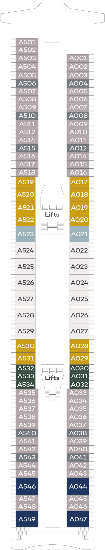 Spirit of Discovery, Deck 11: official cabin and venue layout