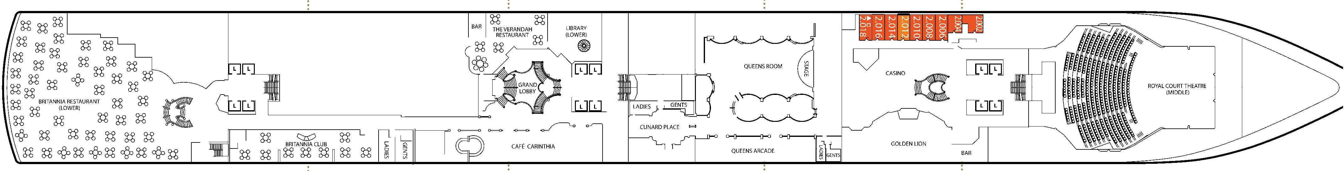 Queen Elizabeth, Deck 2: official cabin and venue layout