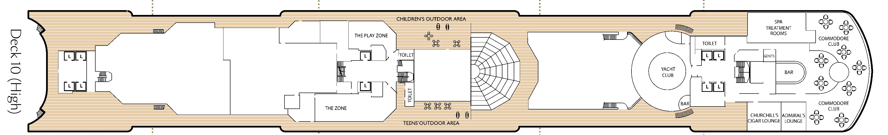 Queen Elizabeth, Deck 10: official cabin and venue layout