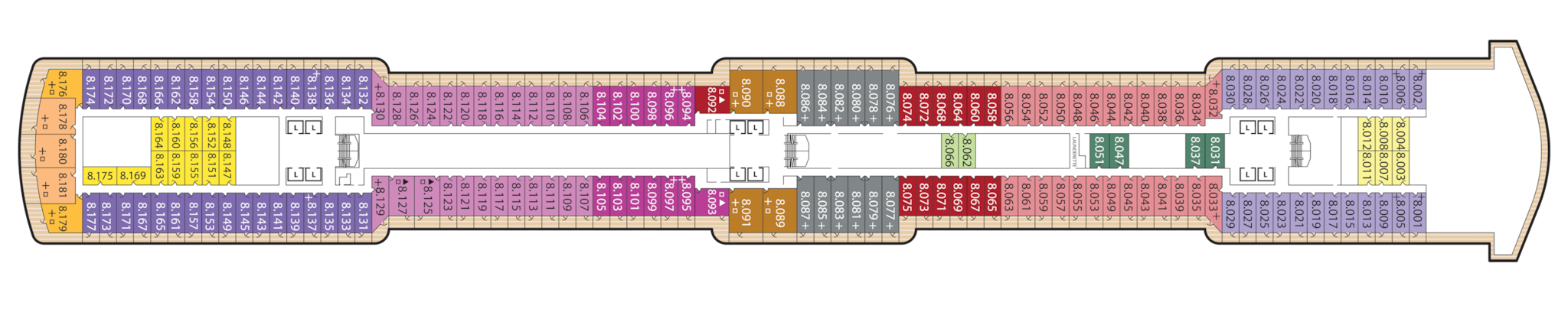 Queen Elizabeth, Deck 8: official cabin and venue layout
