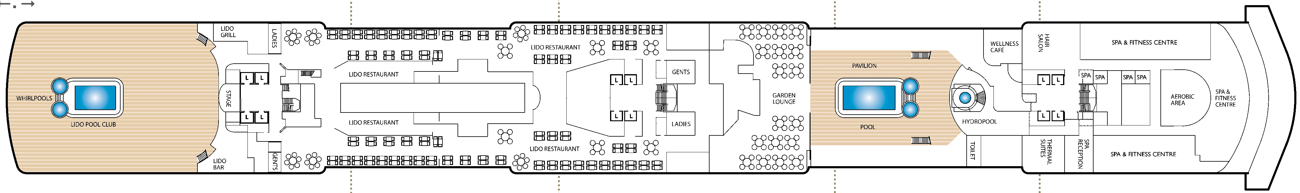 Queen Elizabeth, Deck 9: official cabin and venue layout