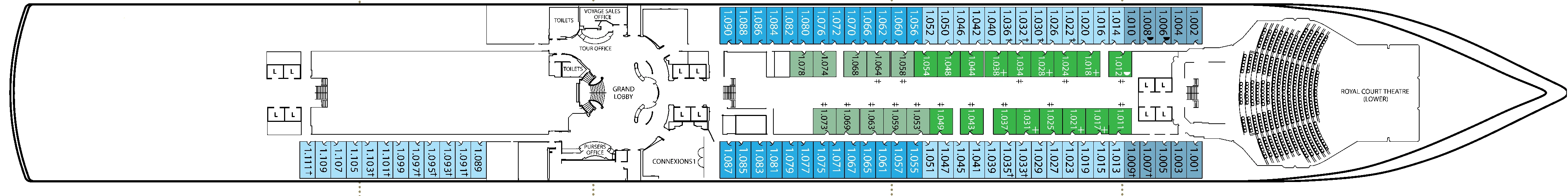 Queen Elizabeth, Deck 1: official cabin and venue layout