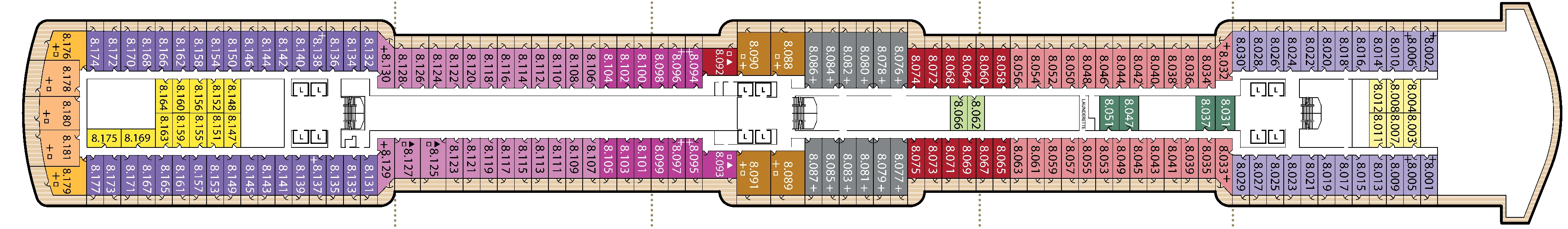 Queen Elizabeth, Deck 8: official cabin and venue layout
