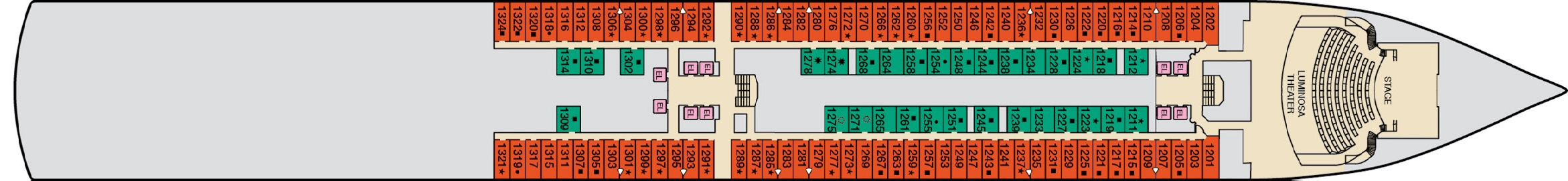 Carnival Luminosa, Deck 1: official cabin and venue layout