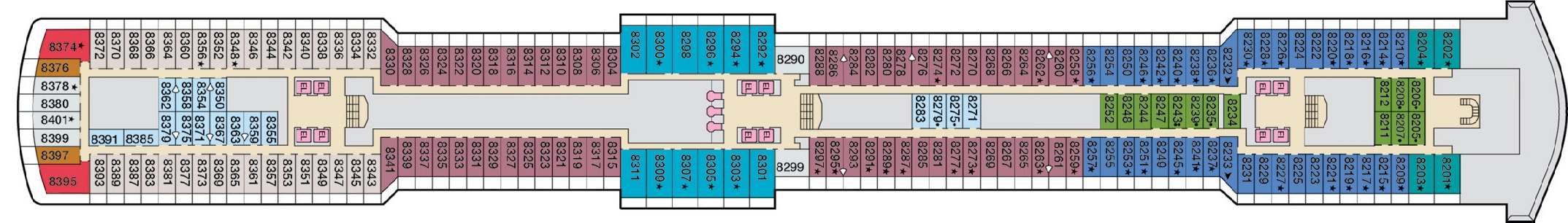 Carnival Luminosa, Deck 8: official cabin and venue layout