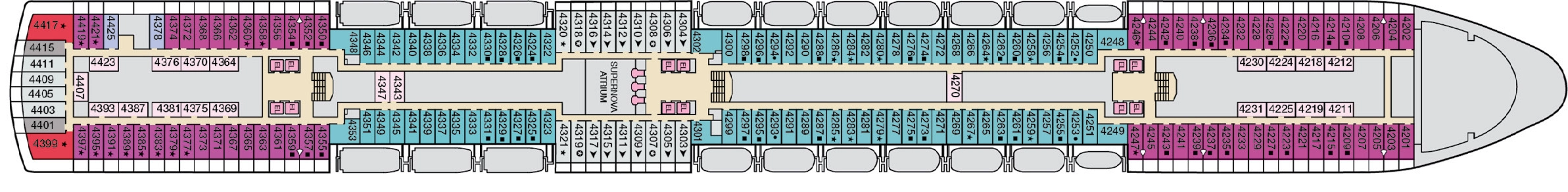 Carnival Luminosa, Deck 4: official cabin and venue layout
