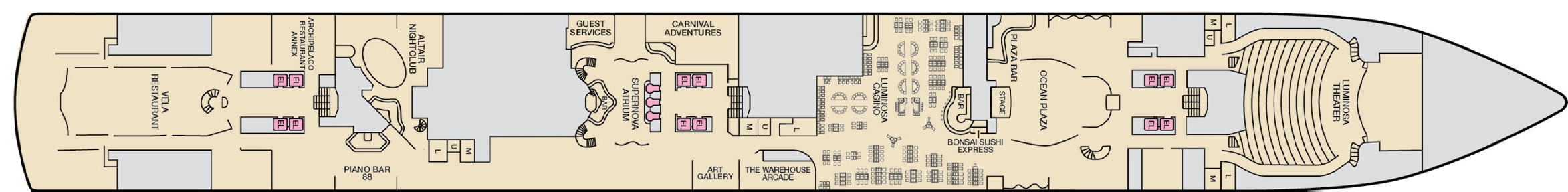 Carnival Luminosa, Deck 2: official cabin and venue layout