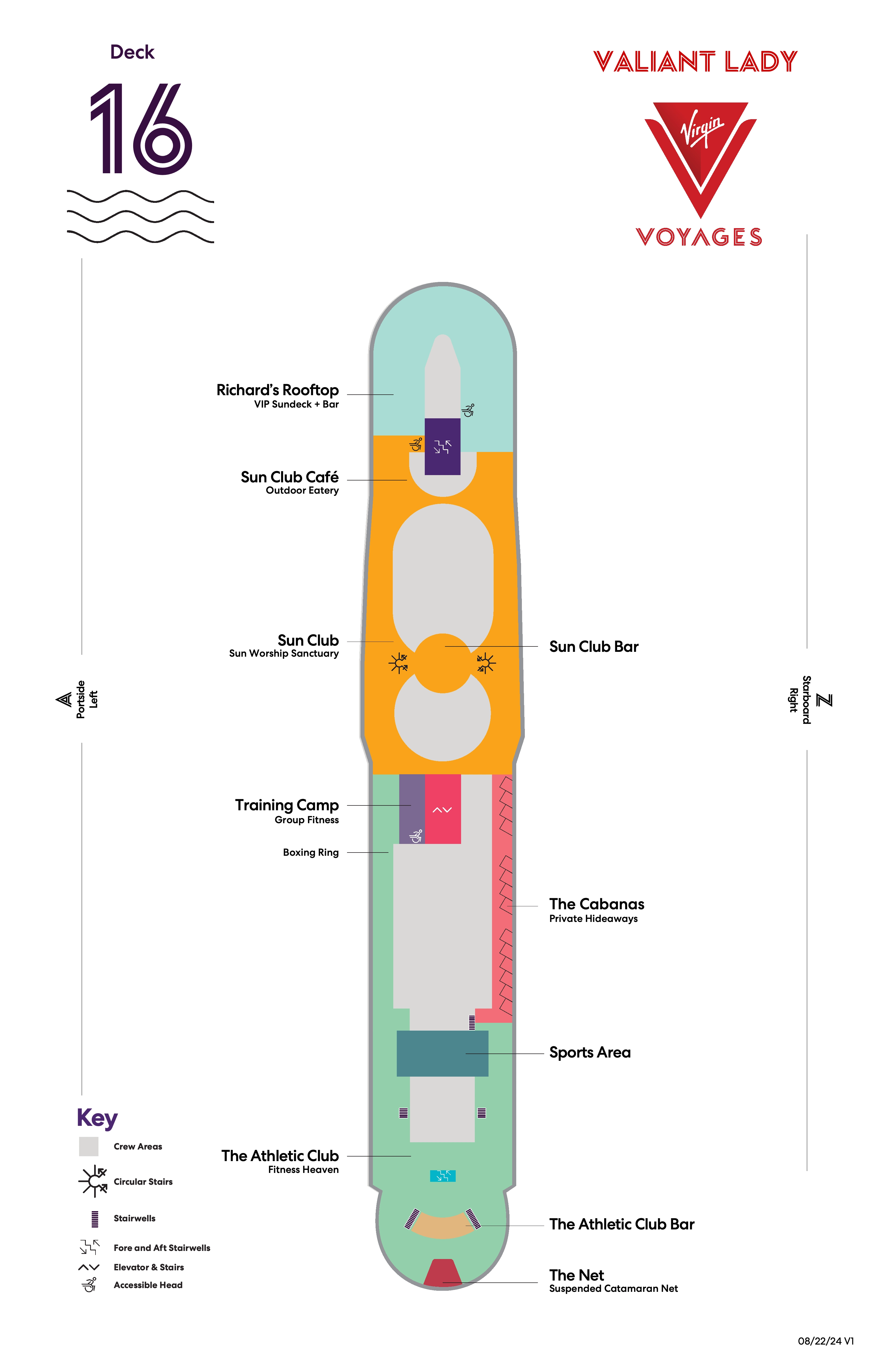 Valiant Lady, Deck 16: official cabin and venue layout