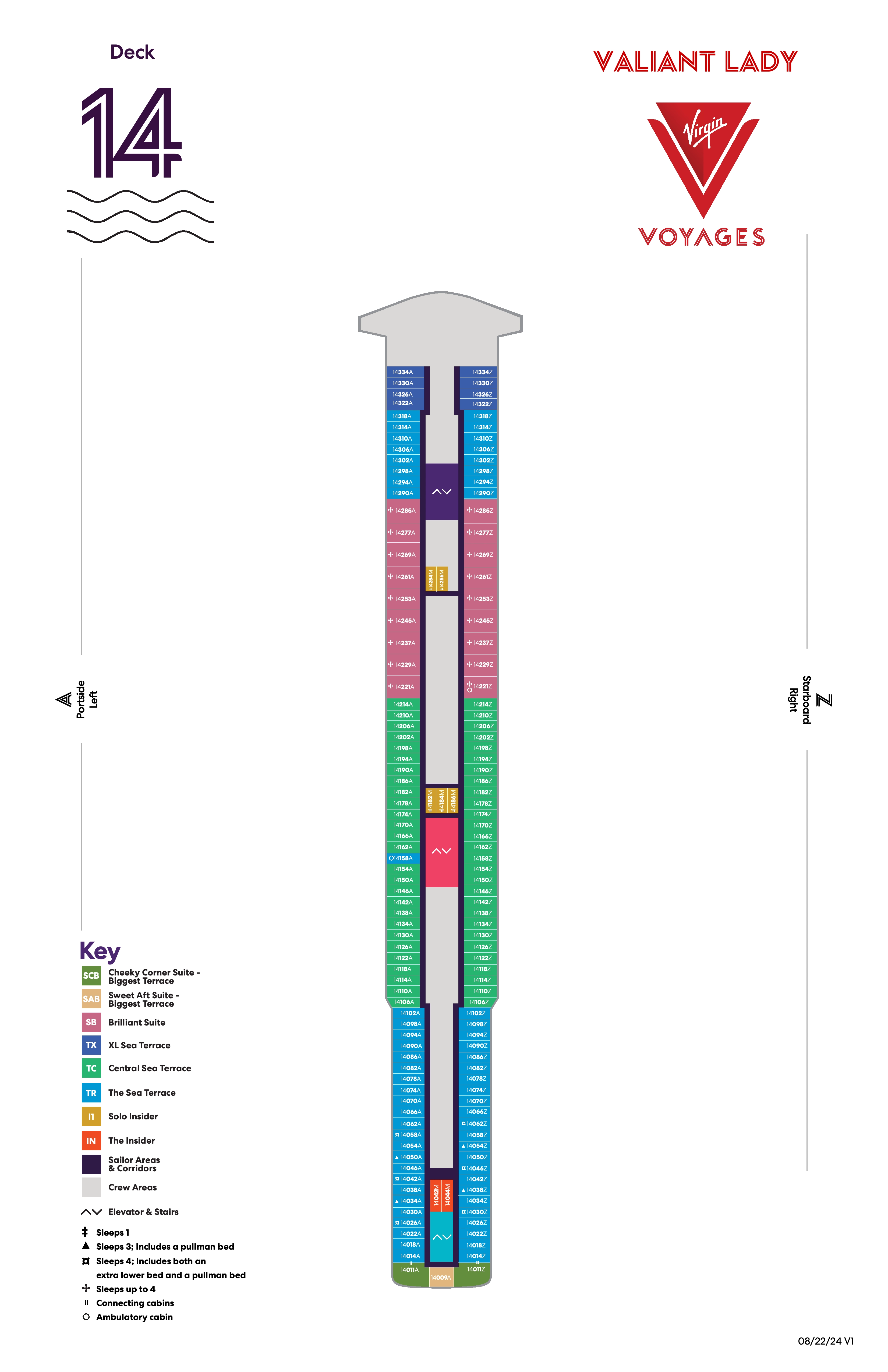 Valiant Lady, Deck 14: official cabin and venue layout