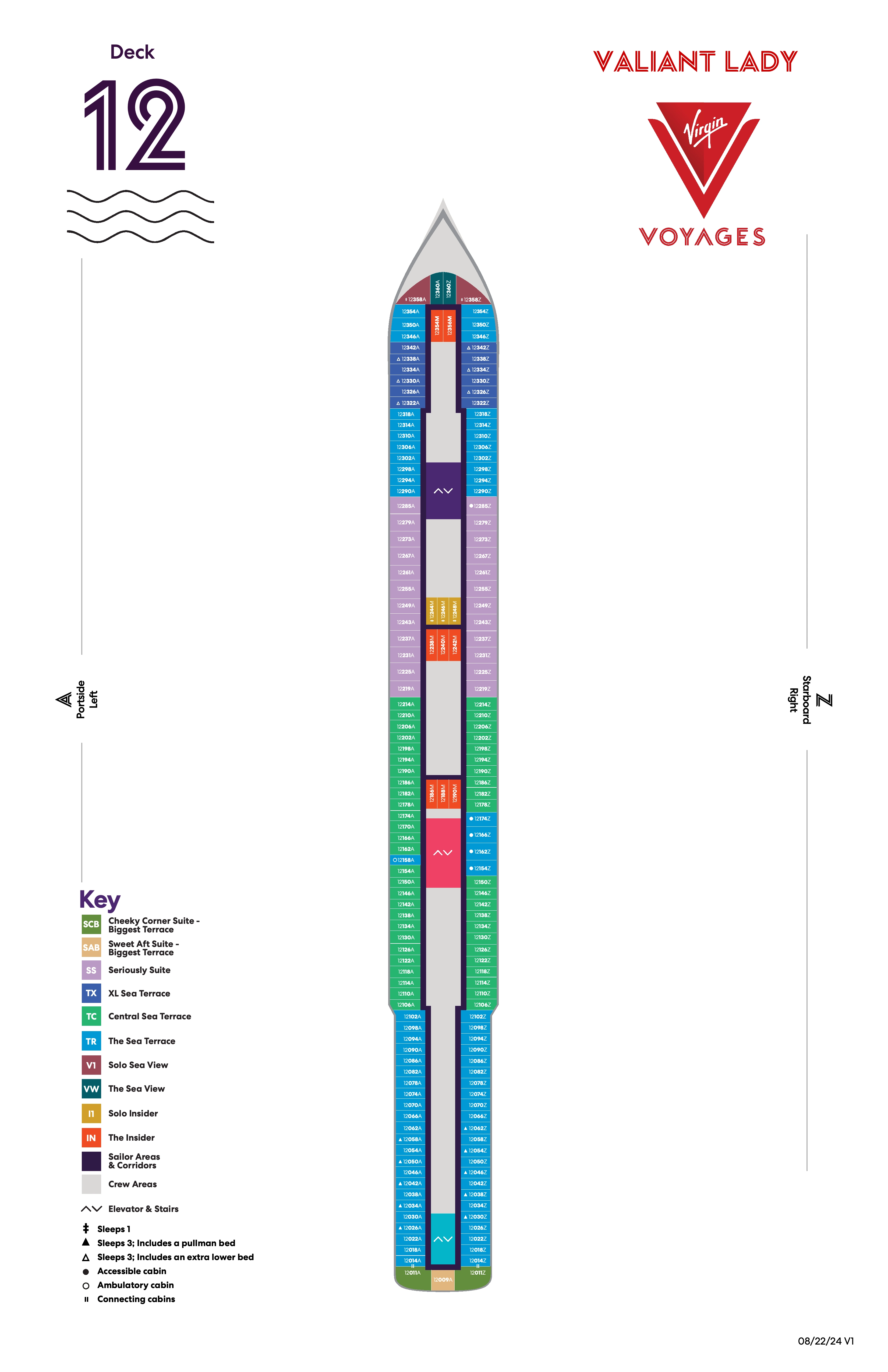 Valiant Lady, Deck 12: official cabin and venue layout