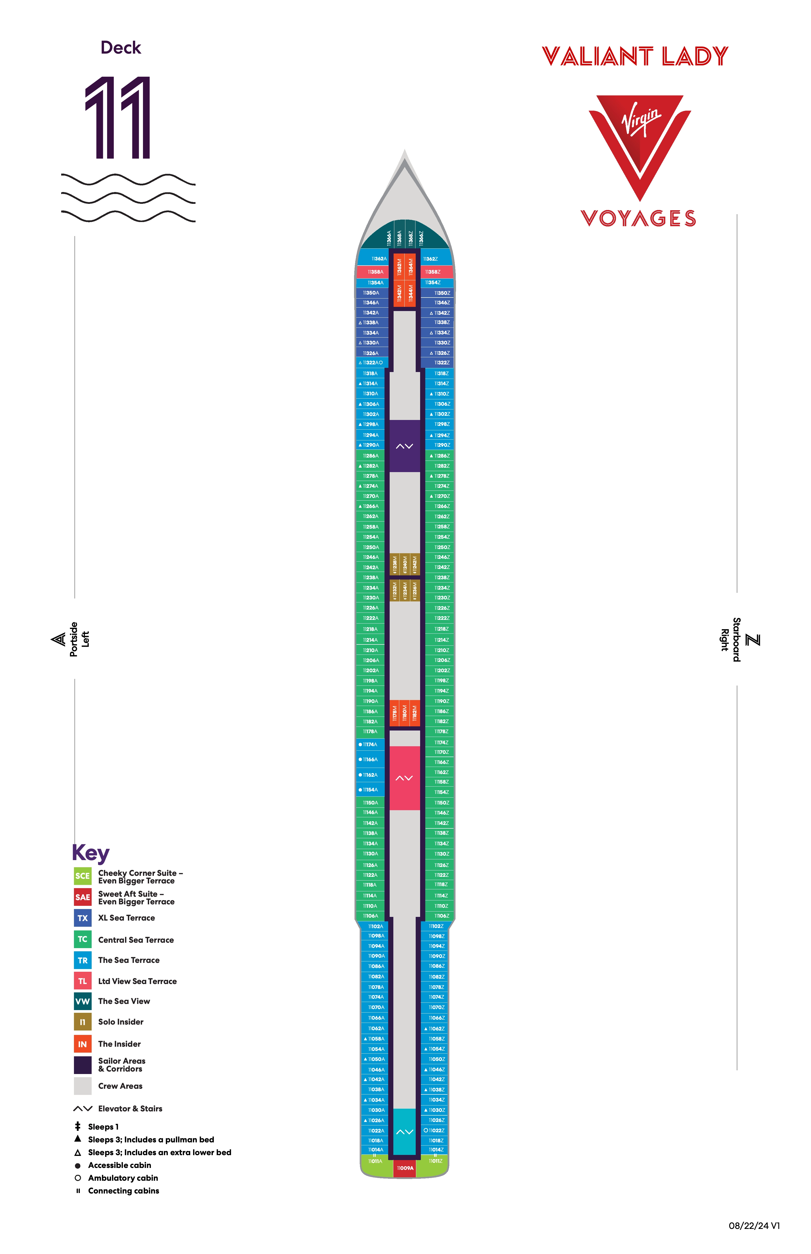 Valiant Lady, Deck 11: official cabin and venue layout