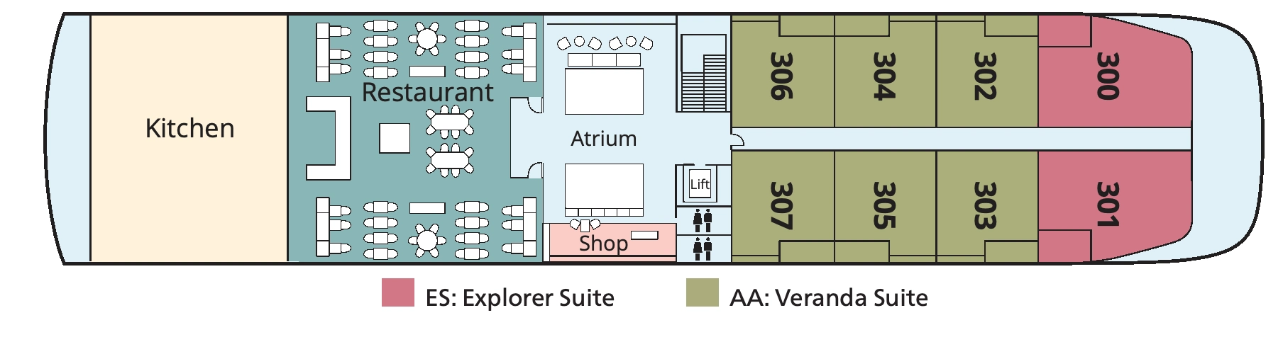 Viking Hathor, Deck 3: official cabin and venue layout