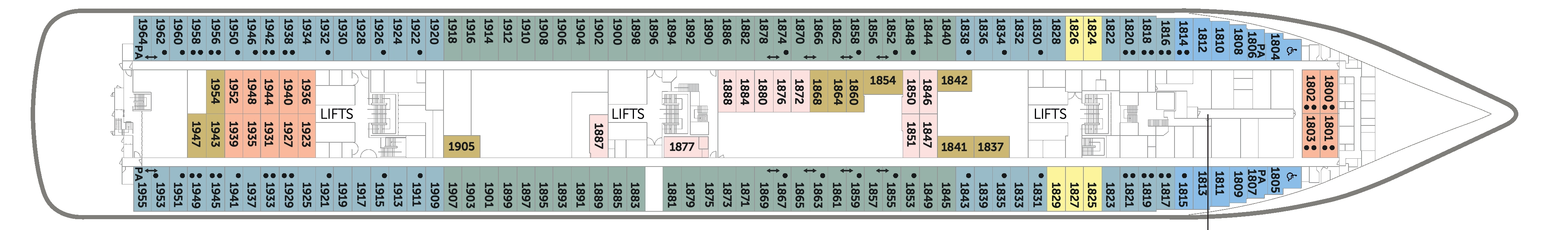 Bolette, Deck 1: official cabin and venue layout
