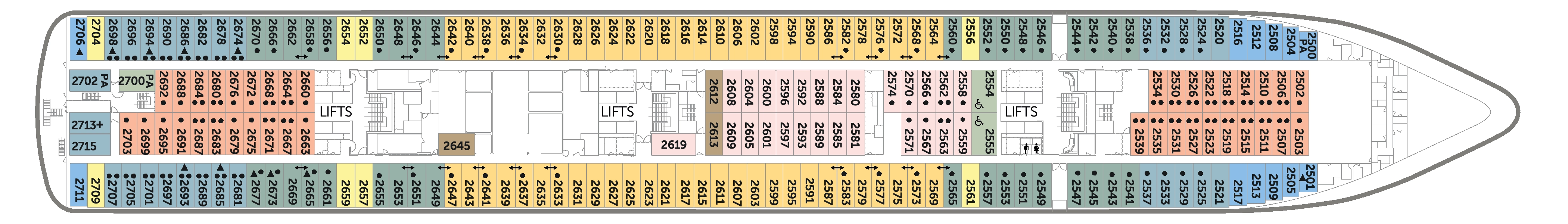 Bolette, Deck 2: official cabin and venue layout