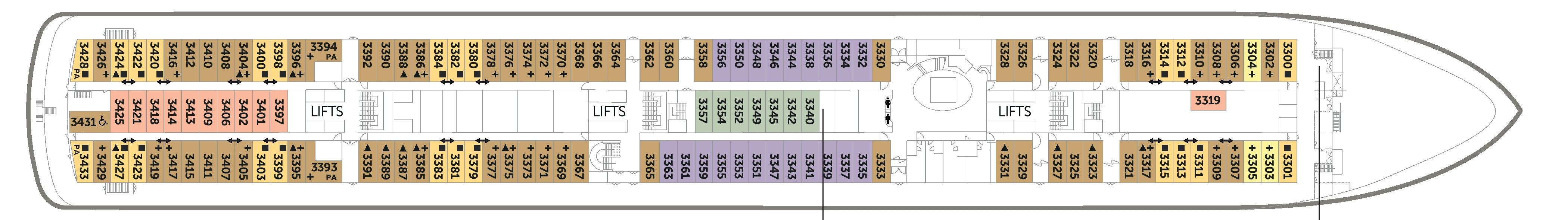 Bolette, Deck 3: official cabin and venue layout