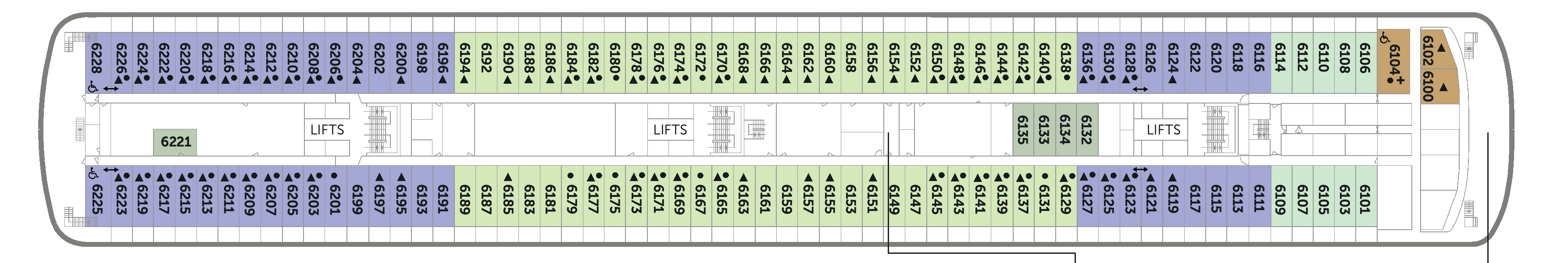 Bolette, Deck 6: official cabin and venue layout