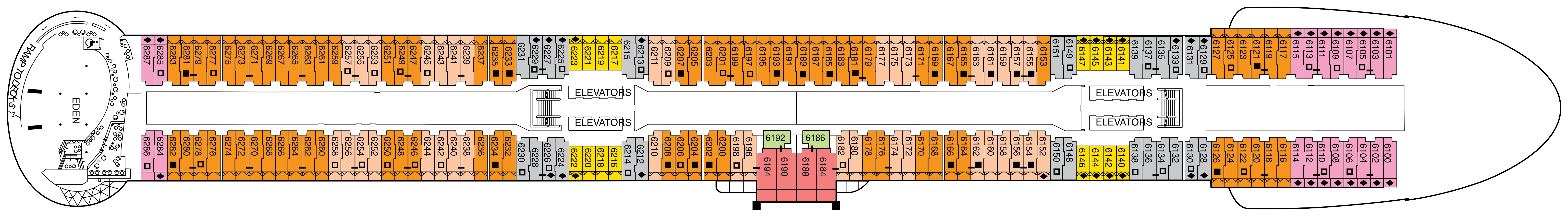 Celebrity Edge, Deck 6: official cabin and venue layout