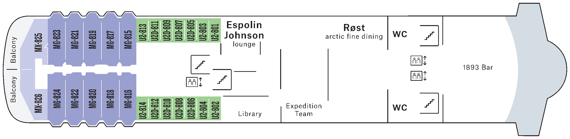 Trollfjord, Deck 8: official cabin and venue layout