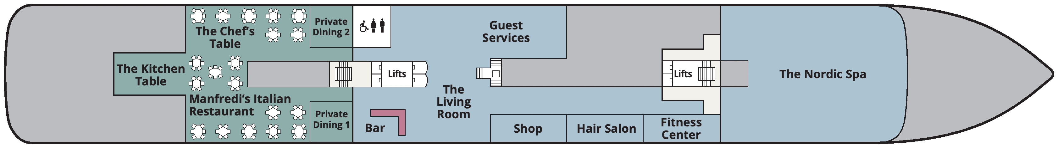 Viking Sky, Deck 1: official cabin and venue layout