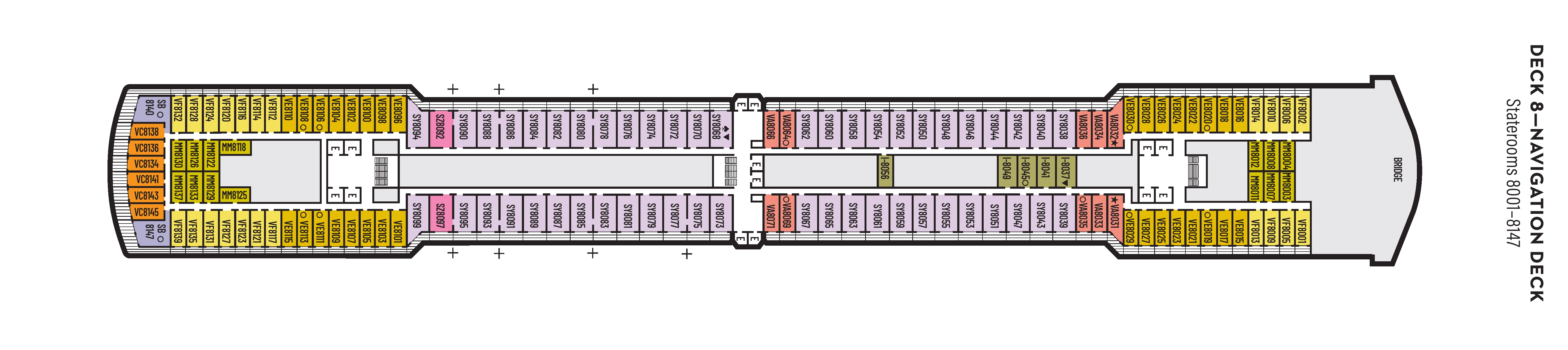 Westerdam, Deck 8: official cabin and venue layout