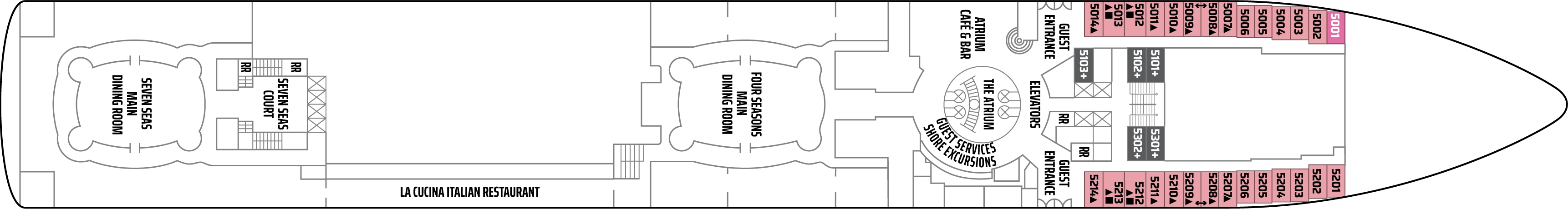 Norwegian Sun, Deck 5: official cabin and venue layout