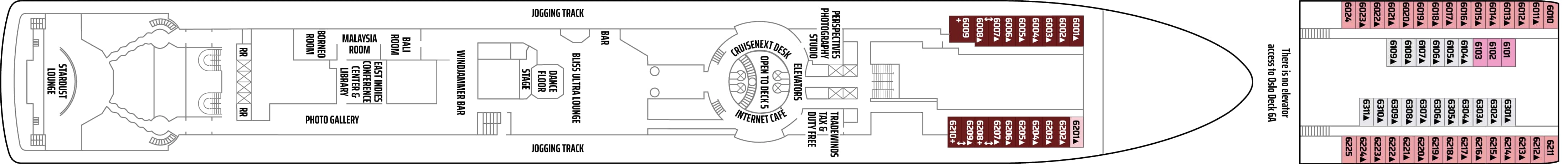 Norwegian Sun, Deck 6: official cabin and venue layout