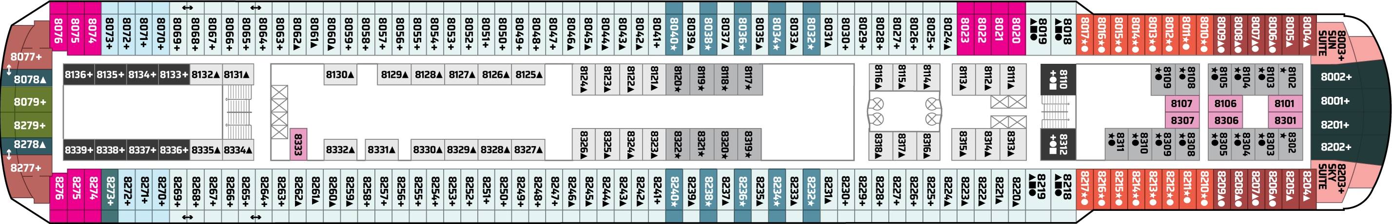 Norwegian Sun, Deck 8: official cabin and venue layout