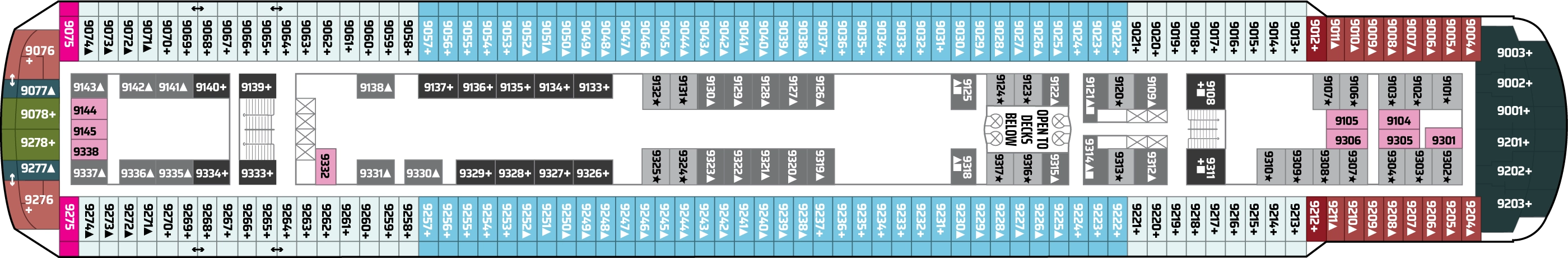 Norwegian Sun, Deck 9: official cabin and venue layout