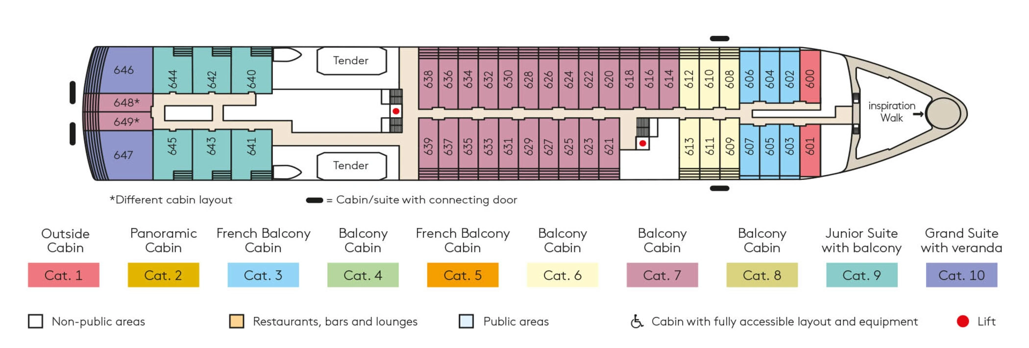 Hanseatic Nature, Deck 6: official cabin and venue layout