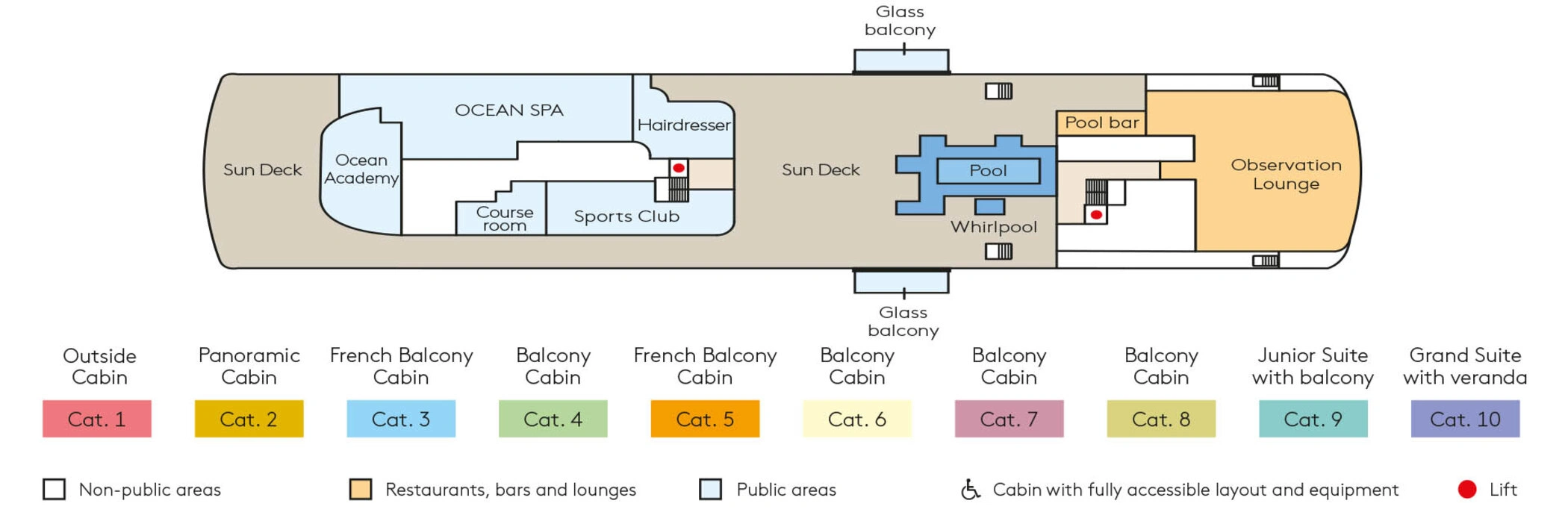 Hanseatic Nature, Deck 8: official cabin and venue layout