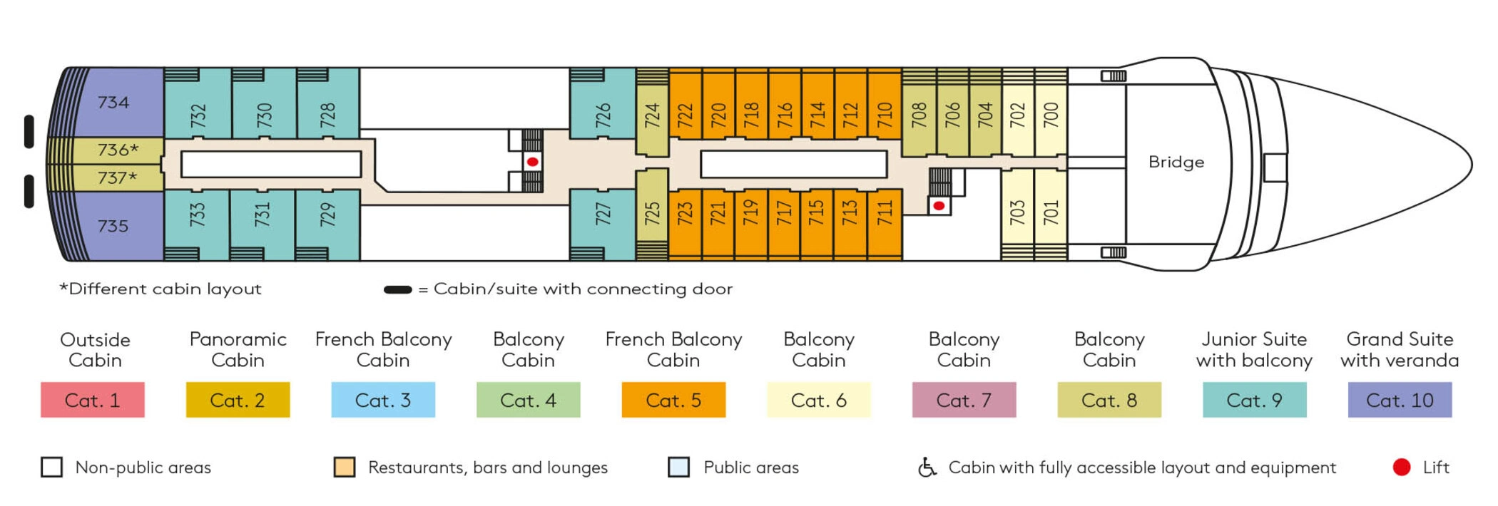Hanseatic Nature, Deck 7: official cabin and venue layout