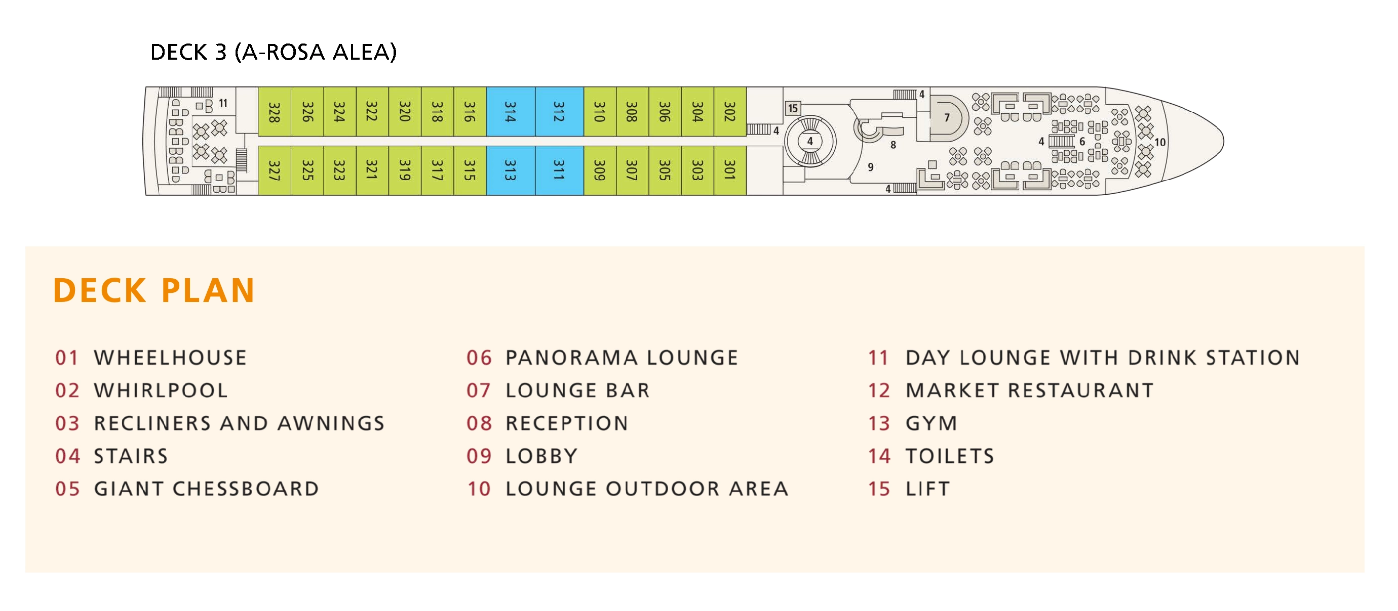 A-ROSA Alea, Deck 3: official cabin and venue layout