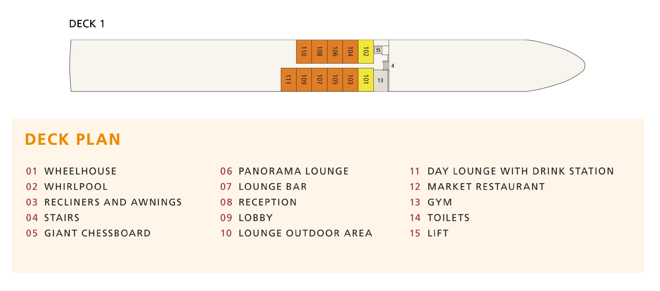 A-ROSA Alea, Deck 1: official cabin and venue layout
